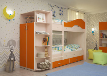 Кровать Мая двухъярусная с ящиками и шкафом Млечный дуб/Оранжевый в Раисино - raisino.mebel54.com | фото