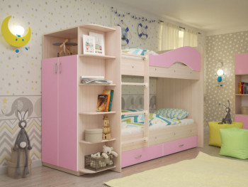 Кровать Мая двухъярусная с ящиками и шкафом Млечный дуб/Розовый в Раисино - raisino.mebel54.com | фото
