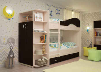 Кровать Мая двухъярусная с ящиками и шкафом Млечный дуб/Венге в Раисино - raisino.mebel54.com | фото
