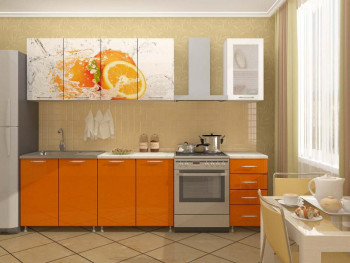 Кухонный гарнитур 1,6м Апельсин (Белый/Оранжевый металлик/Фотопечать апельсин) в Раисино - raisino.mebel54.com | фото